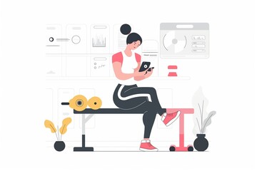 Woman with dumbbells in gym, uses mobile phone to make selfie for social media, cute flat cartoon illustration