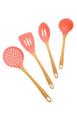 Cooking utensil set. Silicone kitchen tools with wooden handle.