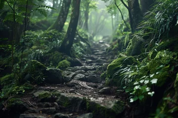 Tissu par mètre Route en forêt a path in the middle of a lush green forest