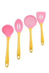 Cooking utensil set. Silicone kitchen tools with wooden handle.