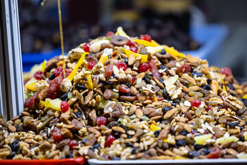 Delicious dry fruits fruits for sale on display at trade fair.