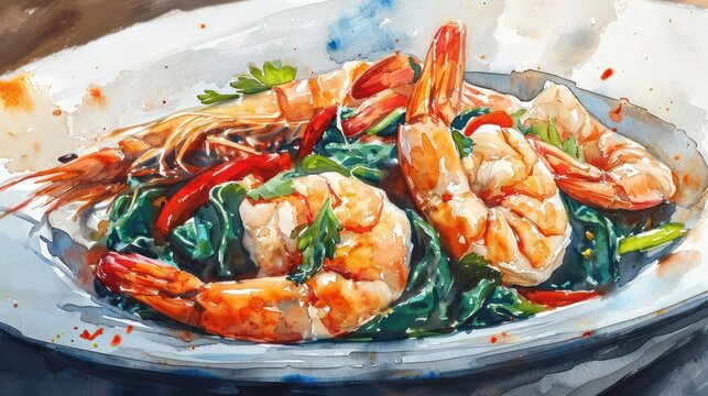 A detailed watercolor food illustration of Shrimp stir-fry