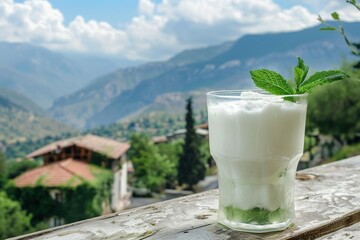 A refreshing glass of Ayran, a traditional Turkish yogurt-based beverage, garnished with fresh mint leaves