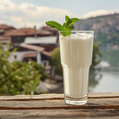 A refreshing glass of Ayran, a traditional Turkish yogurt-based beverage, garnished with fresh mint leaves