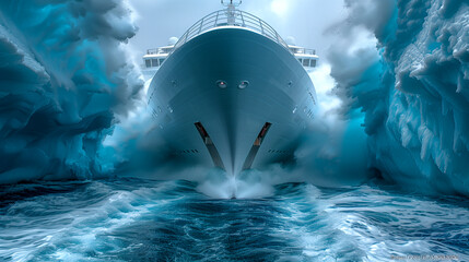 Storm in the North Sea. The ship makes its way among the raging waves and ice. - 772324900