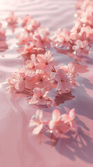 Delicate pale peach pink flowers lying in water rippling waves, Aesthetic retro sparkling close up view floral composition with sunlight shadows and copy space, banner wallpaper 