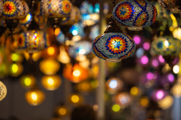 Turkey. Market With Many Traditional Colorful Handmade Turkish Lamps And Lanterns. Lanterns Hanging In Shop For Sale. Popular Souvenirs From Turkey.