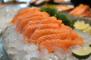 Sliced fresh salmons on ice. Food image. Generative AI.