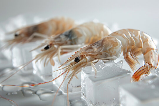 Fesh shrimp on ice. Food image. Generative AI.