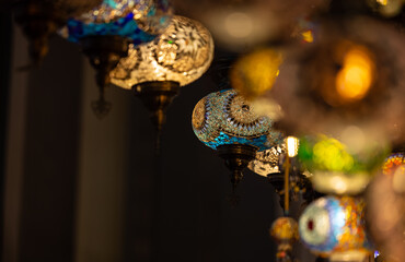Turkey. Market With Many Traditional Colorful Handmade Turkish Lamps And Lanterns. Lanterns Hanging...