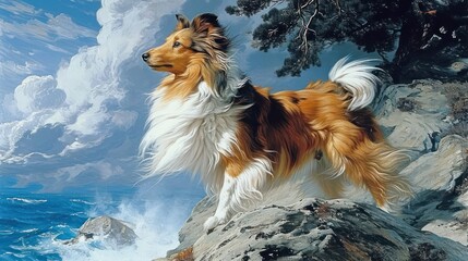 adventurous Shetland Sheepdog in the whimsical colors of art style, emphasizing the dog's agility and fluffy coat