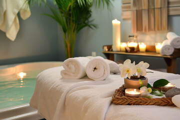 spa still life with aromatic candles, orchid flower and towels