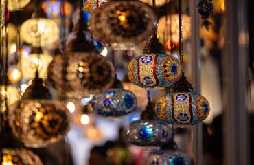 Turkey. Market With Many Traditional Colorful Handmade Turkish Lamps And Lanterns. Lanterns Hanging In Shop For Sale. Popular Souvenirs From Turkey.