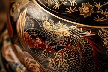 a black and gold vase with a dragon design on it