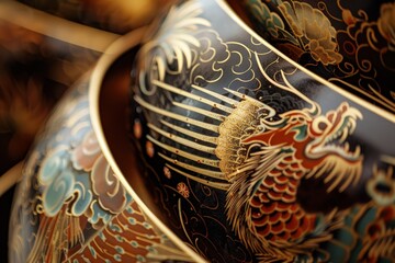 a close up of a vase with a dragon design on it