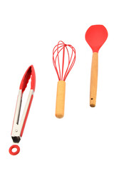 A set of red kitchen utensil on white background.