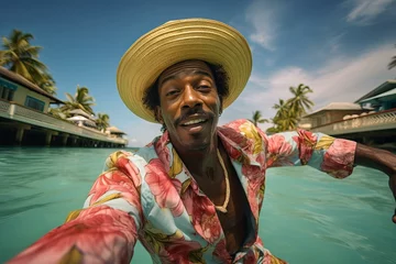 Fotobehang Captivating Selfie of Bahamian male with dreadlocks. Black kid face portrait in tropical sunlight. Generate ai © juliars