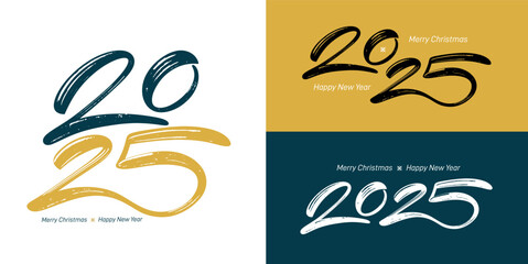 Happy New Year 2025 lettering logos. The numbers is hand drawn with a brush. Set of vector illustration with black, gold and white numbers 2025. New Year holiday logos template. 2025 New Year symbols.