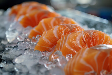 Sliced fresh salmons on ice. Food image. Generative AI.