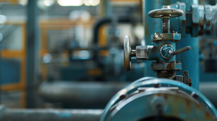 Turning a safety valve close-up, with machinery softly blurred in the background - obrazy, fototapety, plakaty