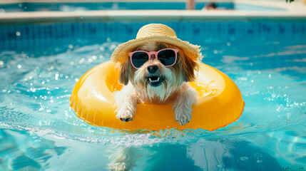 A happy Maltese dog in sunglasses and a straw hat swims in an inflatable swimming ring in the pool. Summer vacation concept