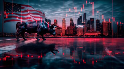 Bear and bull markets with financial trading charts, Amerca and China flags, global trade competition, market dominance, politics and economics illustration