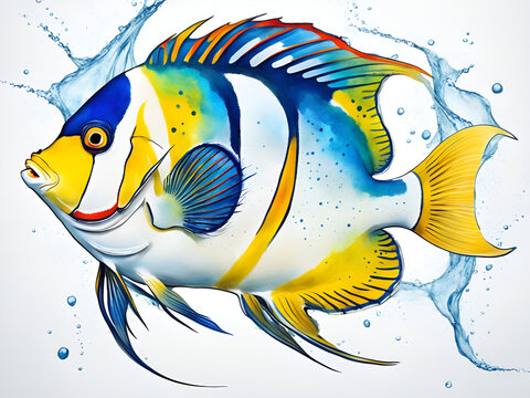 Colorful Young Emperor Angel Fish swimming in a colorful background, illustrated by hand with tropical fish in the sea
