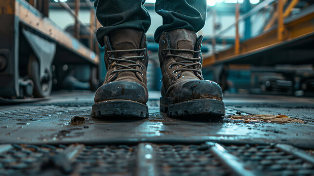 Steel-toe work boots on industrial flooring, ready for action