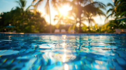 Swimming pool and palm trees at a seaside resort in the tropics. Summer vacation background - obrazy, fototapety, plakaty