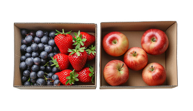 Grapes, strawberries and apples in cardboard boxes on a transparent background.