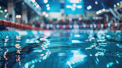 Obraz premium Empty swimming pool before sports racing swimming competition blurred background