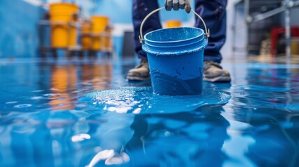 Worker applying blue epoxy resin bucket on floor. marking the floor of an underground parking