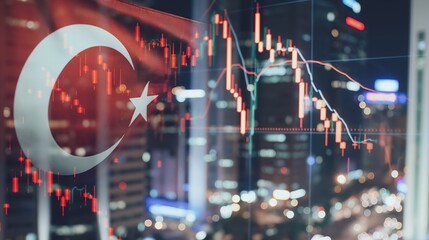 Turkey business skyline with stock exchange trading chart double exposure with the Turkish flag, trading stock market digital concept	
