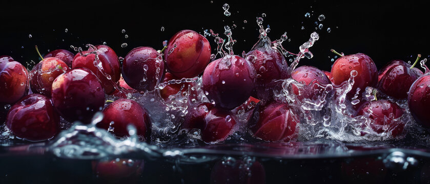 A cascade of ripe plums into the dark water, splashes forming intricate patterns
