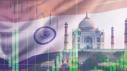 India business skyline with stock exchange trading chart double exposure with Taj Mahal and India flag, Asia trading stock market digital concept	
 - obrazy, fototapety, plakaty