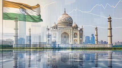 Obraz premium India business skyline with stock exchange trading chart double exposure with Taj Mahal and India flag, Asia trading stock market digital concept 