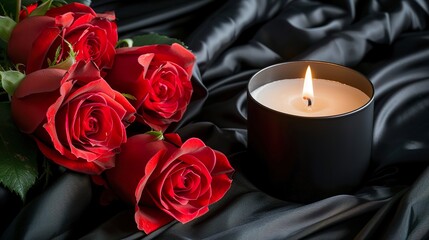 Funeral and mourning concept - red roses and burning candle over black background
