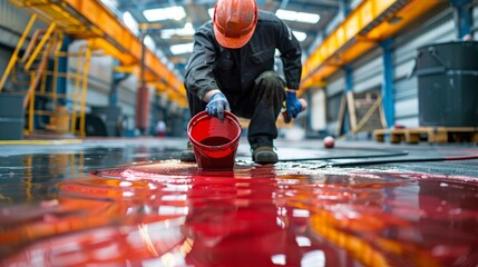 Worker applying red epoxy resin bucket on floor. marking the floor of an underground parking