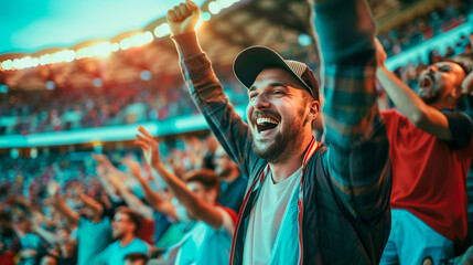 Crowd of sports fans cheering during a match in stadium. Excited people standing with their arms raised, clapping and yelling to encourage their team. - obrazy, fototapety, plakaty