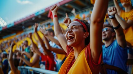 A young woman fan, along with a group of fans, are cheering for the victory of their team at a sports stadium.