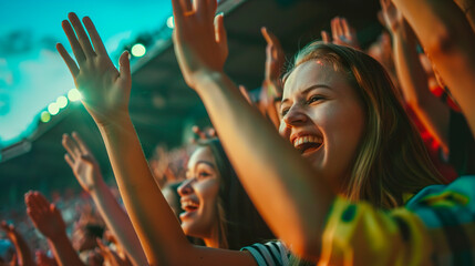 Obraz premium A young woman fan, along with a group of fans, are cheering for the victory of their team at a sports stadium.