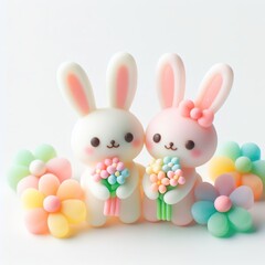 a cute couple bunny with flowers made of pastel color rainbow gummy candy on a white background
