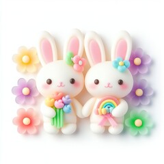 a cute couple bunny with flowers made of pastel color rainbow gummy candy on a white background