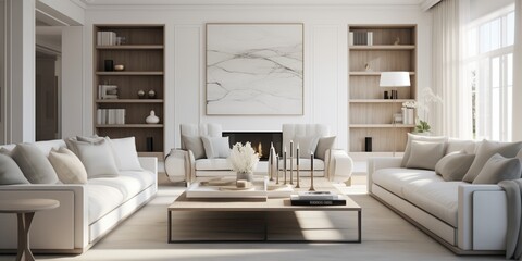 Clean lines and timeless elegance in a modern Transitional interior with a serene white color palette.