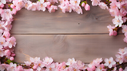Empty wooden frame around pink cherry blossom background
