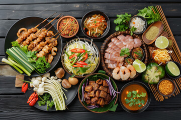 Top view of Thai foods with copy space for text. Food background. Generative AI.