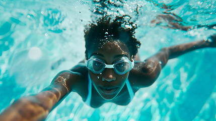 Naklejka premium An African American girl is engaged in diving, dives underwater wearing underwater goggles in a pool or sea with clean transparent water