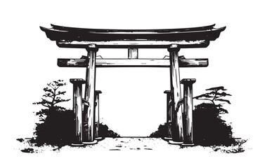 Japanese gate and drawn illustrations	
