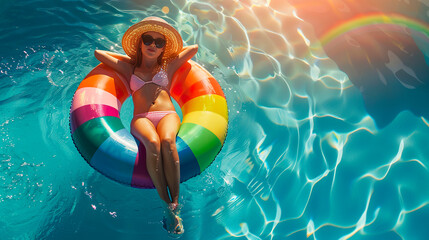 Summer vacation. Enjoying the tan Woman in a bikini on an inflatable multi-colored circle in the pool. - obrazy, fototapety, plakaty