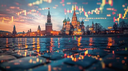 Moscow Russia Kremlin red square skyline with stock exchange trading chart double exposure, trading stock market digital concept	